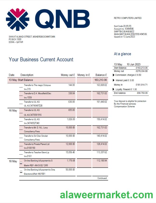 QNB Bank company account statement Word and PDF template